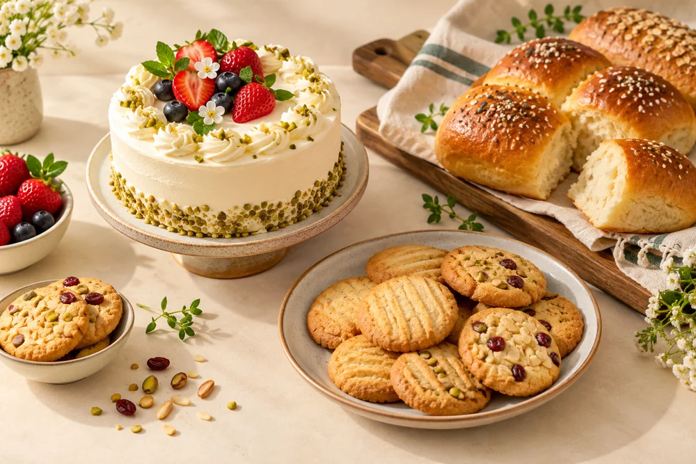 Cake, fresh bread rolls and cookies