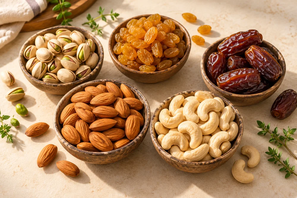Bowls of nuts, raisins and dates